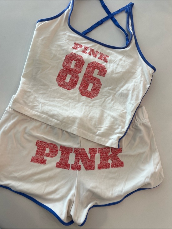 PINK Victoria's Secret Other - PINK Victoria's Secret White Tank & Shorts Set with Blue Trim and Red Logo